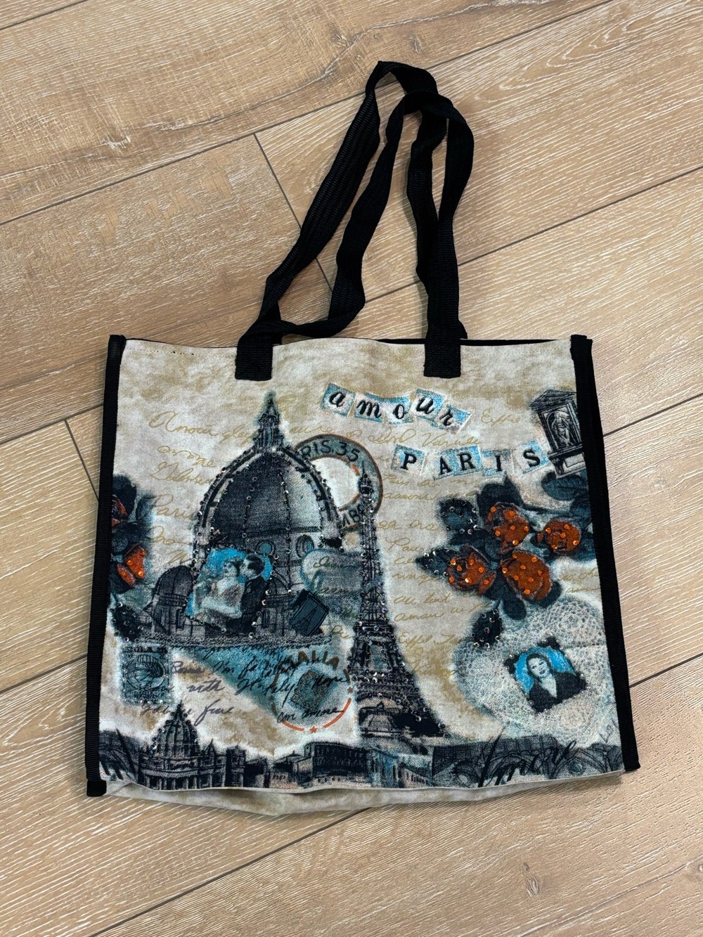 Artscapes Paris Amour Sequined Tapestry Tote Bag Vintage Eiffel Tower Canvas